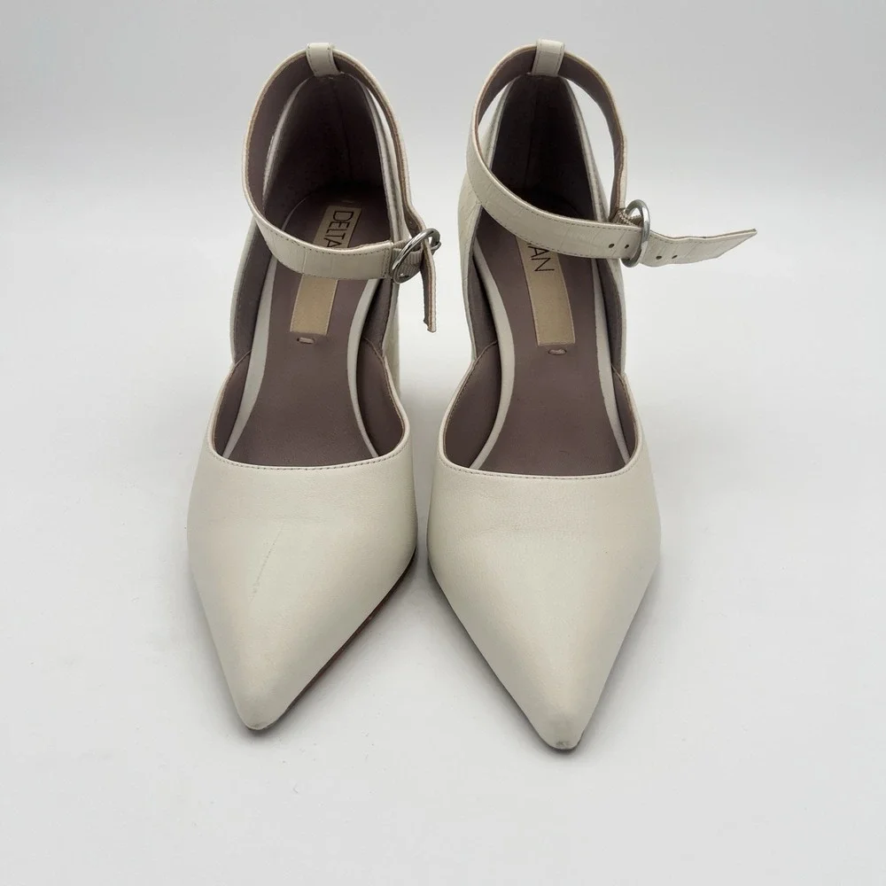DELTAN Women's Cream Ivory Pointed Toe Ankle Strap Block Heel Shoes Size 7